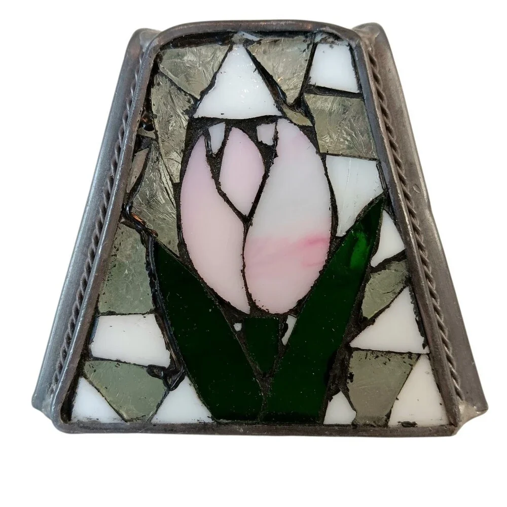 Vintage Stained Glass Lamp Shade Red Pink Yellow Tulips Replacement Small 3.75x3